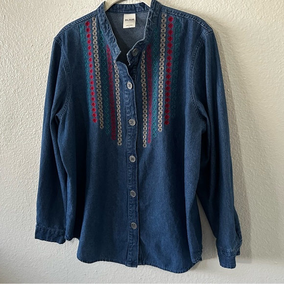 Blair Tops - Blair |  100% Cotton Denim Embroidered Long Sleeve Button Down Shirt Size Large